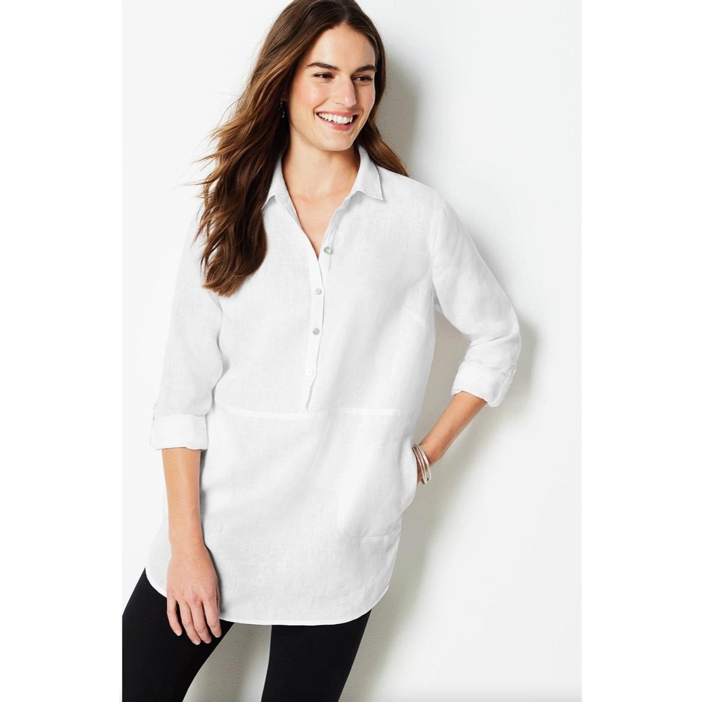 J.Jill Tunic Women XL Tall White 100% Linen Roll Tab Sleeve Button Front Pockets